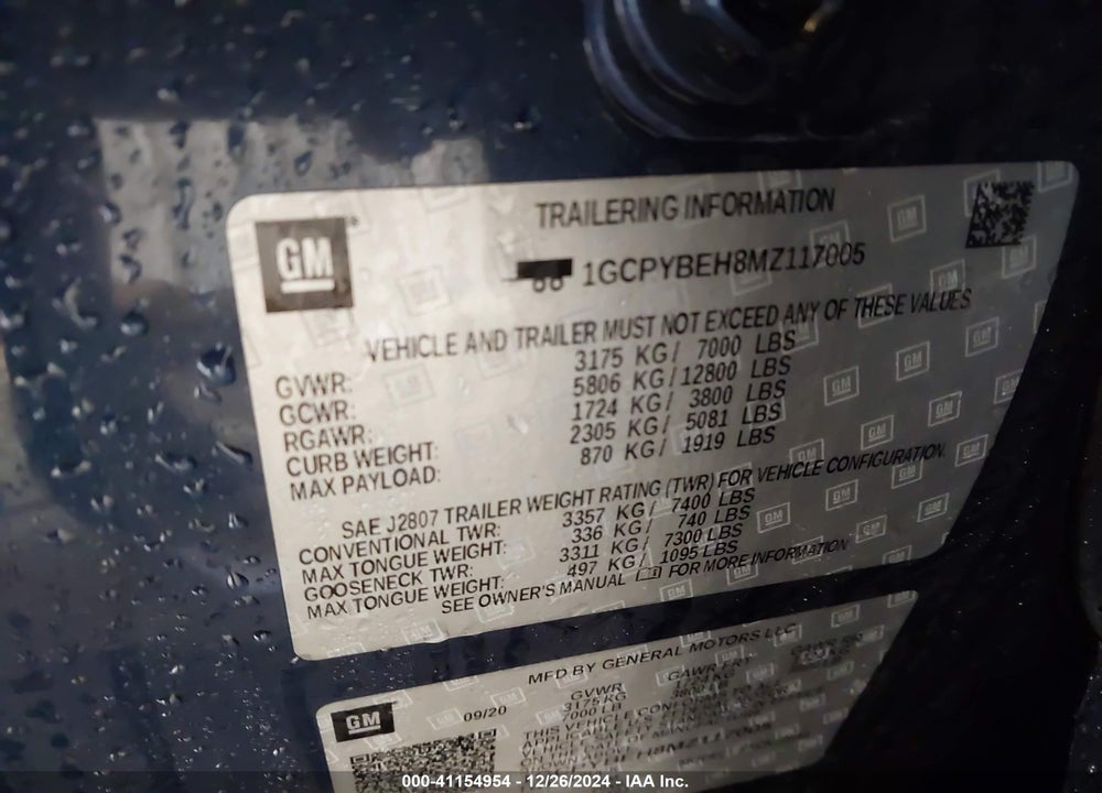 2021 CHEVROLET SILVERADO 1500 VIN: 1GCPYBEH8MZ117005