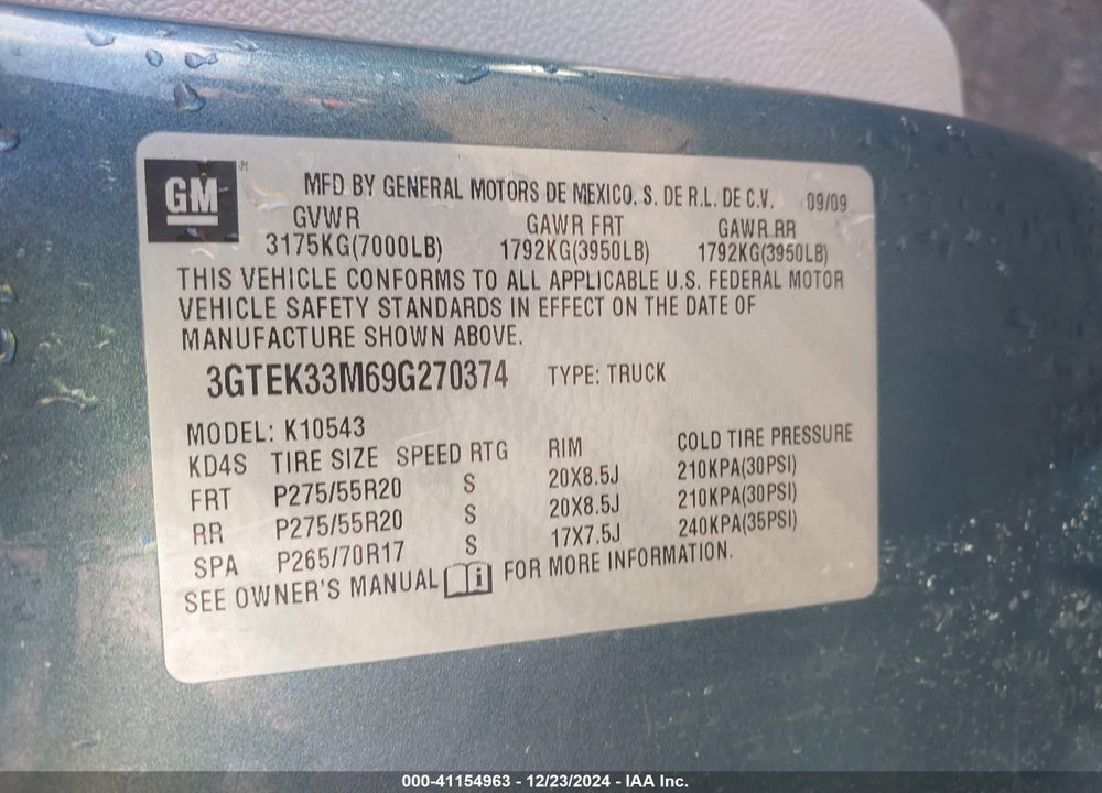 2009 GMC SIERRA 1500 VIN: 3GTEK33M69G270374