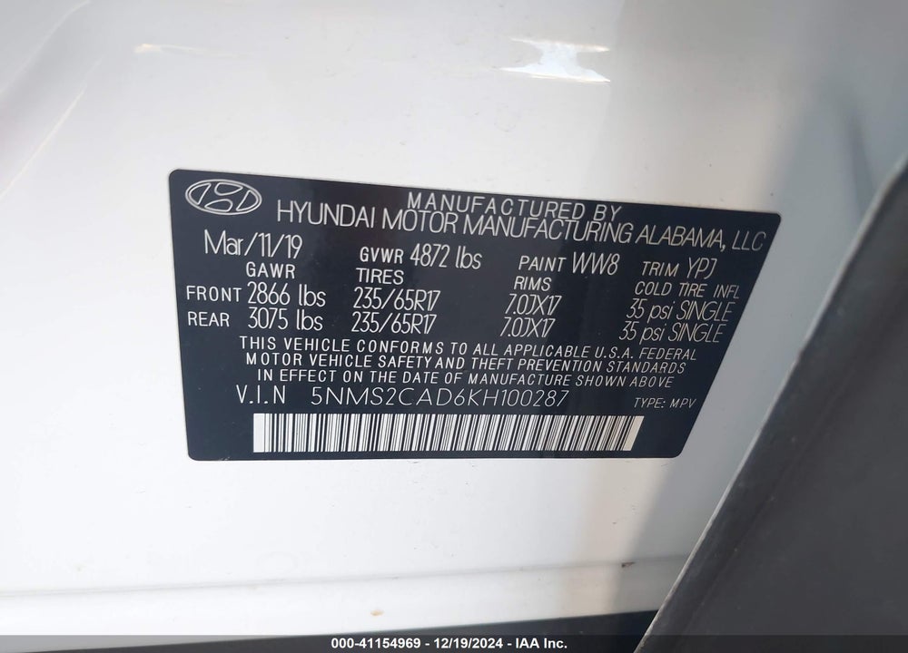 2019 HYUNDAI SANTA FE SE VIN: 5NMS2CAD6KH100287