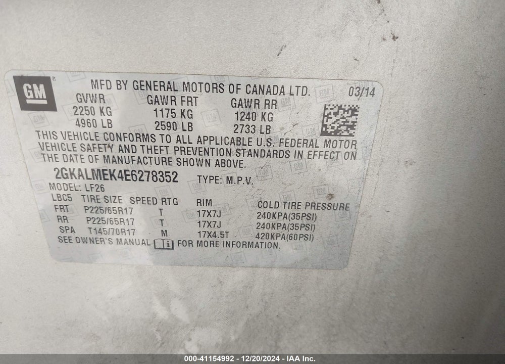 2014 GMC TERRAIN SLE-1 VIN: 2GKALMEK4E6278352
