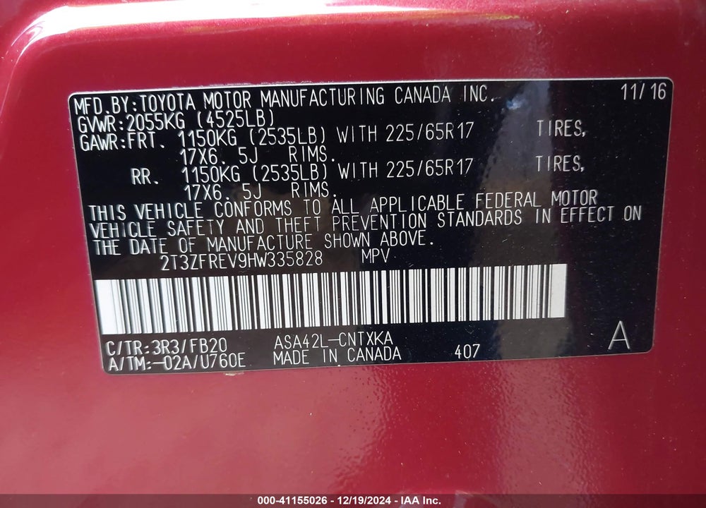 2017 TOYOTA RAV4 LE VIN: 2T3ZFREV9HW335828