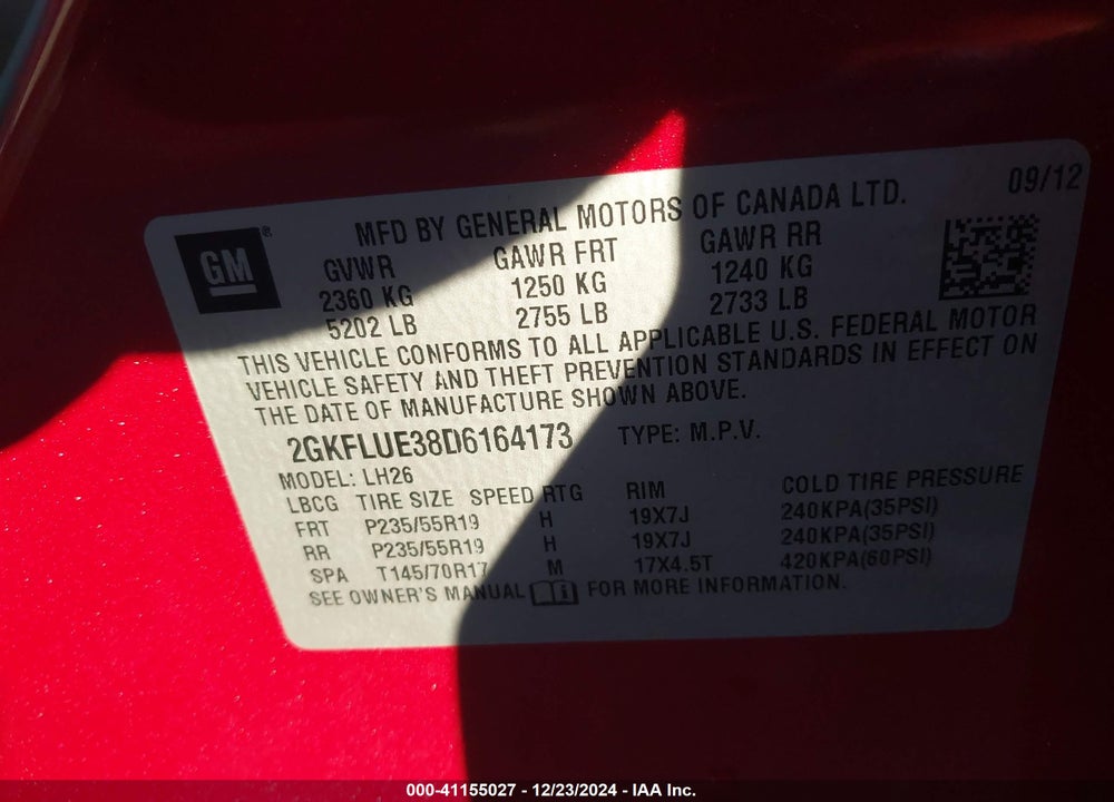 2013 GMC TERRAIN SLT-1 VIN: 2GKFLUE38D6164173