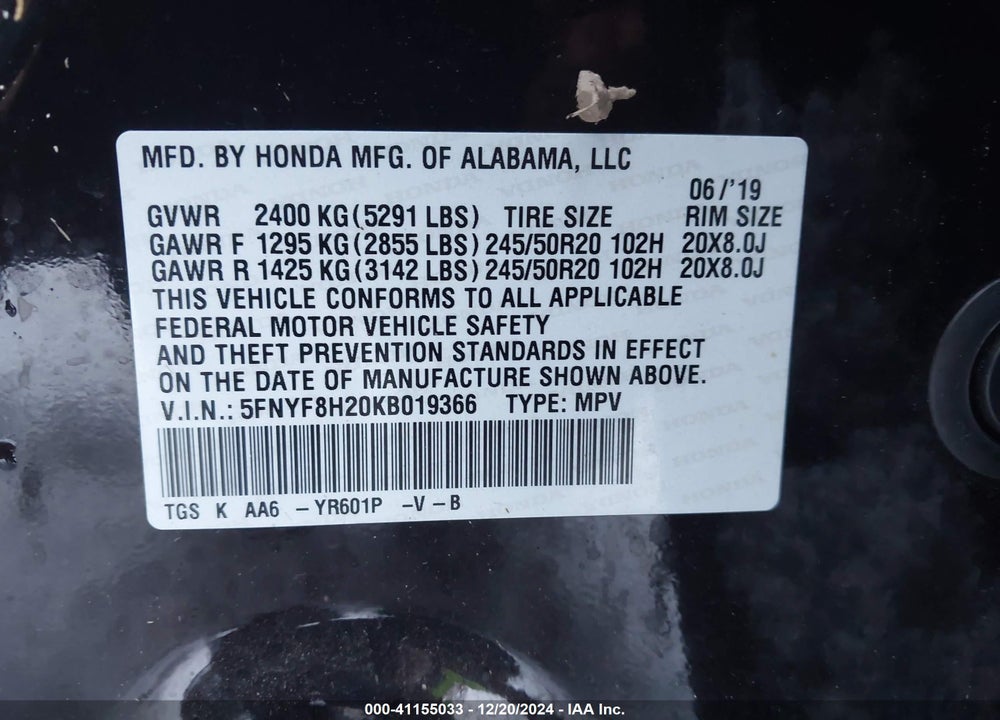 2019 HONDA PASSPORT SPORT VIN: 5FNYF8H20KB019366