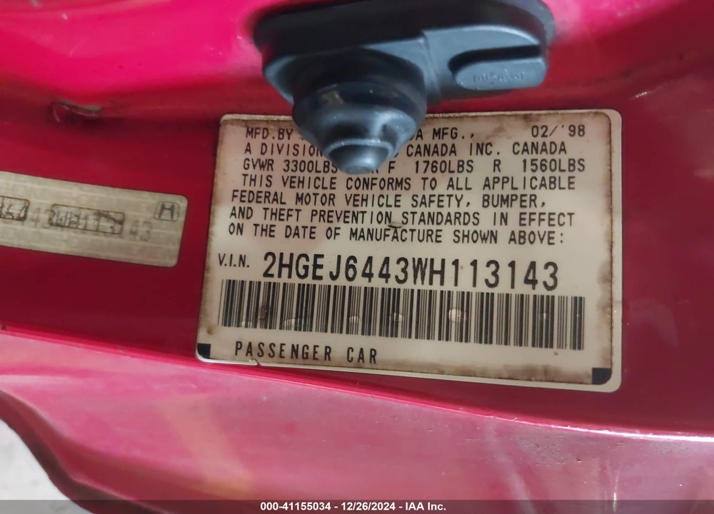 1998 HONDA CIVIC DX VIN: 2HGEJ6443WH113143