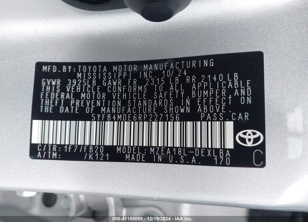 2024 TOYOTA COROLLA VIN: 5YFB4MDE6RP227156