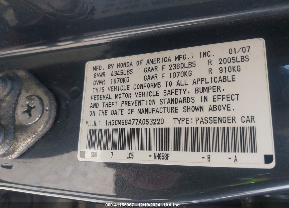 2007 HONDA ACCORD 3.0 SE VIN: 1HGCM66477A053220