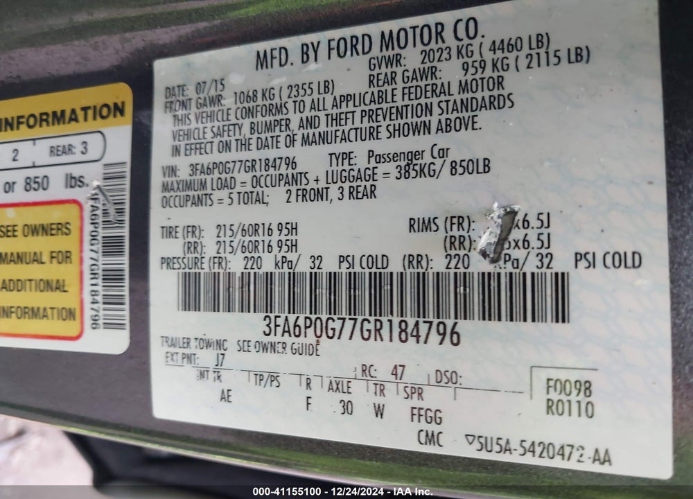 2016 FORD FUSION VIN: 3FA6P0G77GR184796