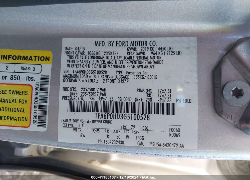 2016 FORD FUSION VIN: 1FA6P0HD3G5100528