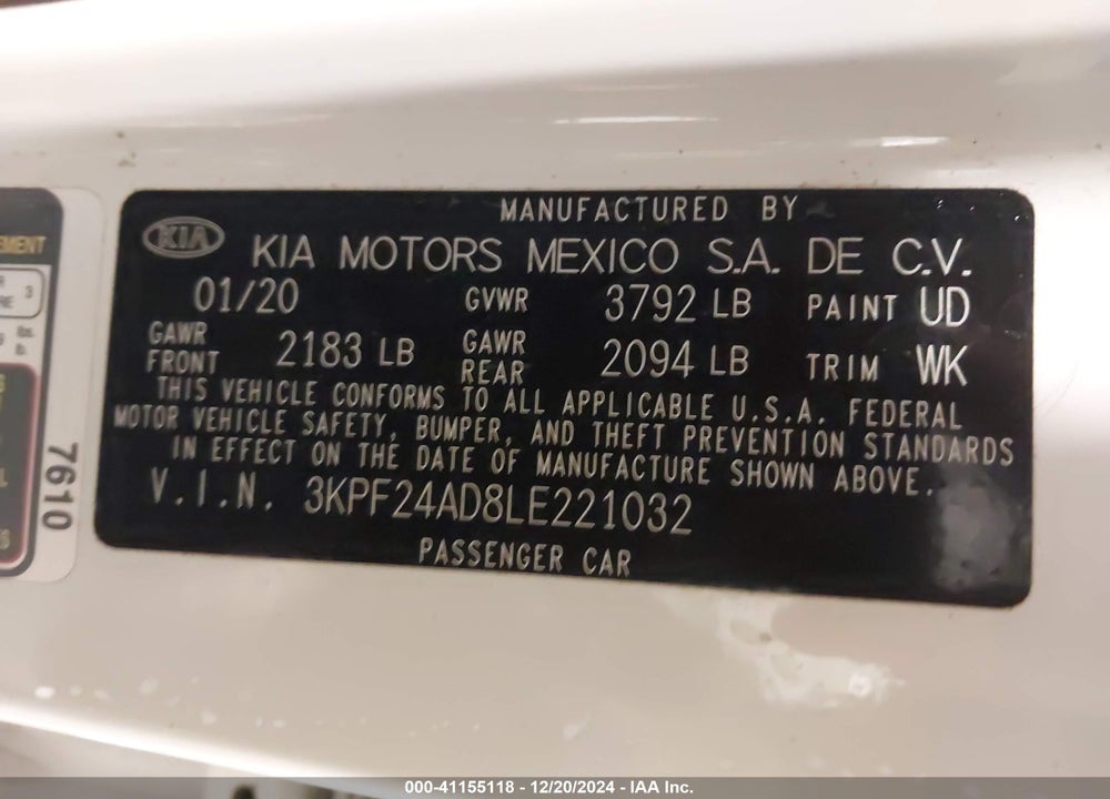 2020 KIA FORTE LXS VIN: 3KPF24AD8LE221032