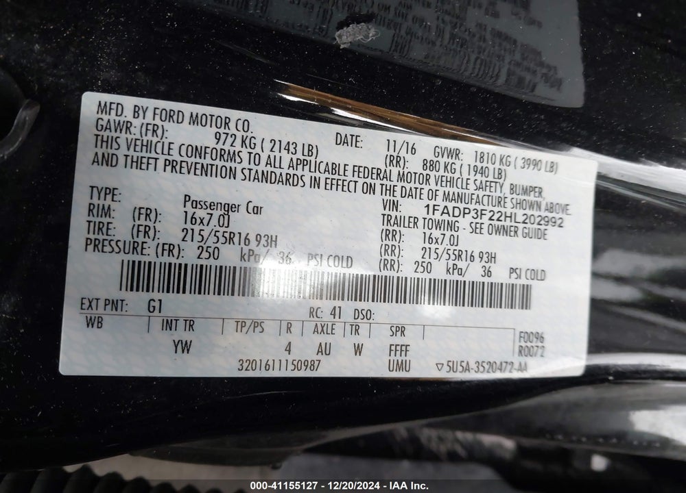 2017 FORD FOCUS VIN: 1FADP3F22HL202992