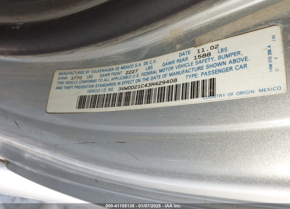 2003 VOLKSWAGEN NEW BEETLE GLX VIN: 3VWDD21C43M429408