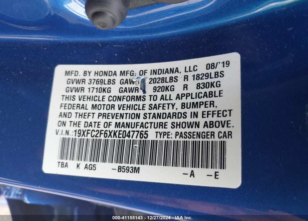 2019 HONDA CIVIC LX VIN: 19XFC2F6XKE047765