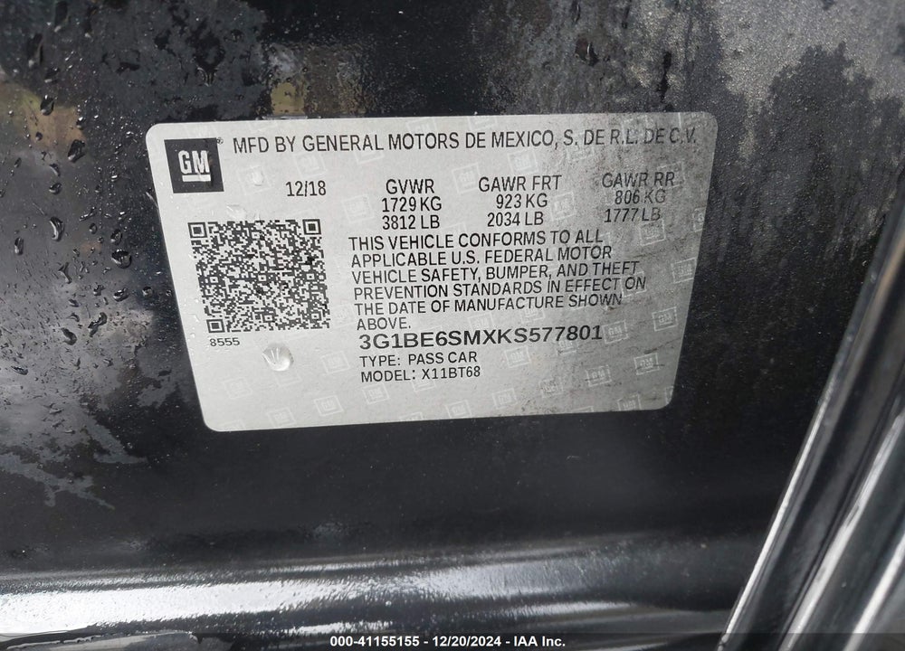 2019 CHEVROLET CRUZE LT VIN: 3G1BE6SMXKS577801