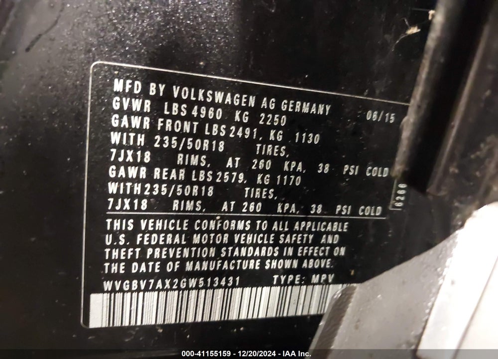 2016 VOLKSWAGEN TIGUAN SE VIN: WVGBV7AX2GW513431