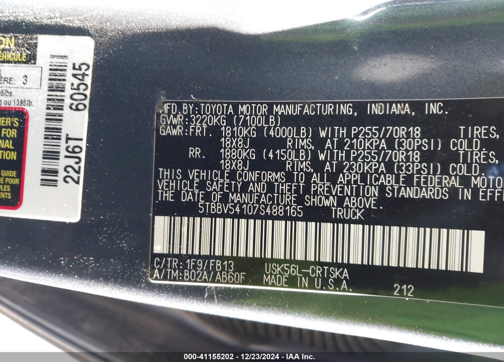 2007 TOYOTA TUNDRA SR5 5.7L V8 VIN: 5TBBV54107S488165