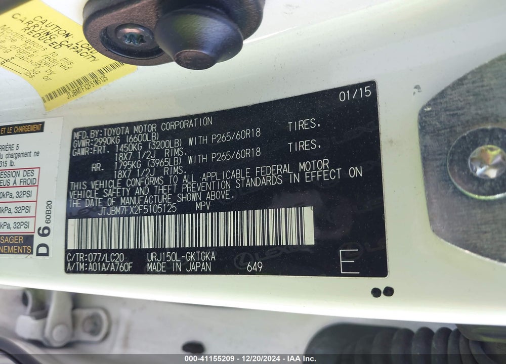 2015 LEXUS GX 460 VIN: JTJBM7FX2F5105125
