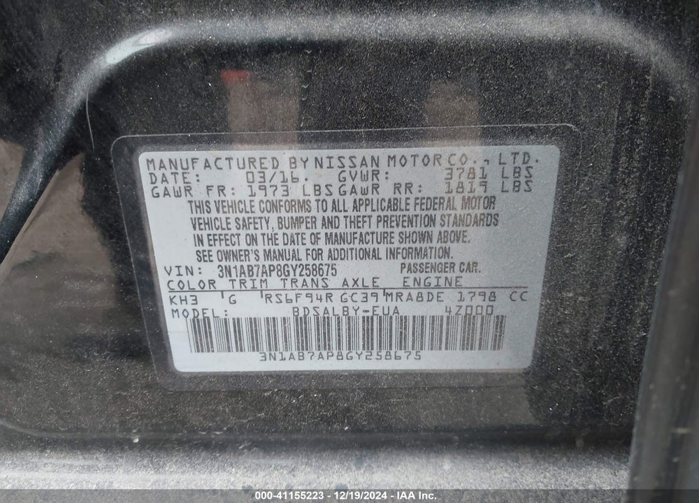 2016 NISSAN SENTRA VIN: 3N1AB7AP8GY258675