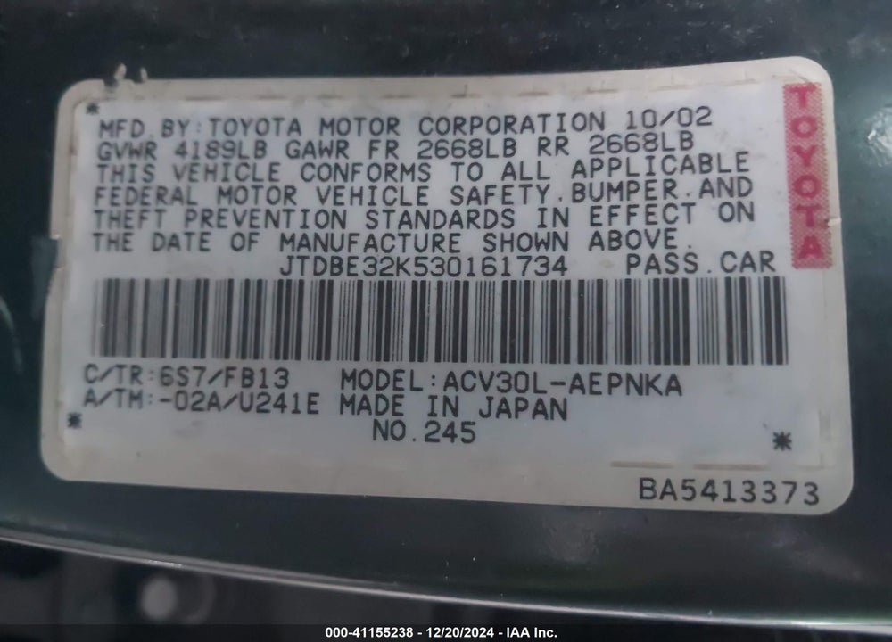 2003 TOYOTA CAMRY LE VIN: JTDBE32K530161734