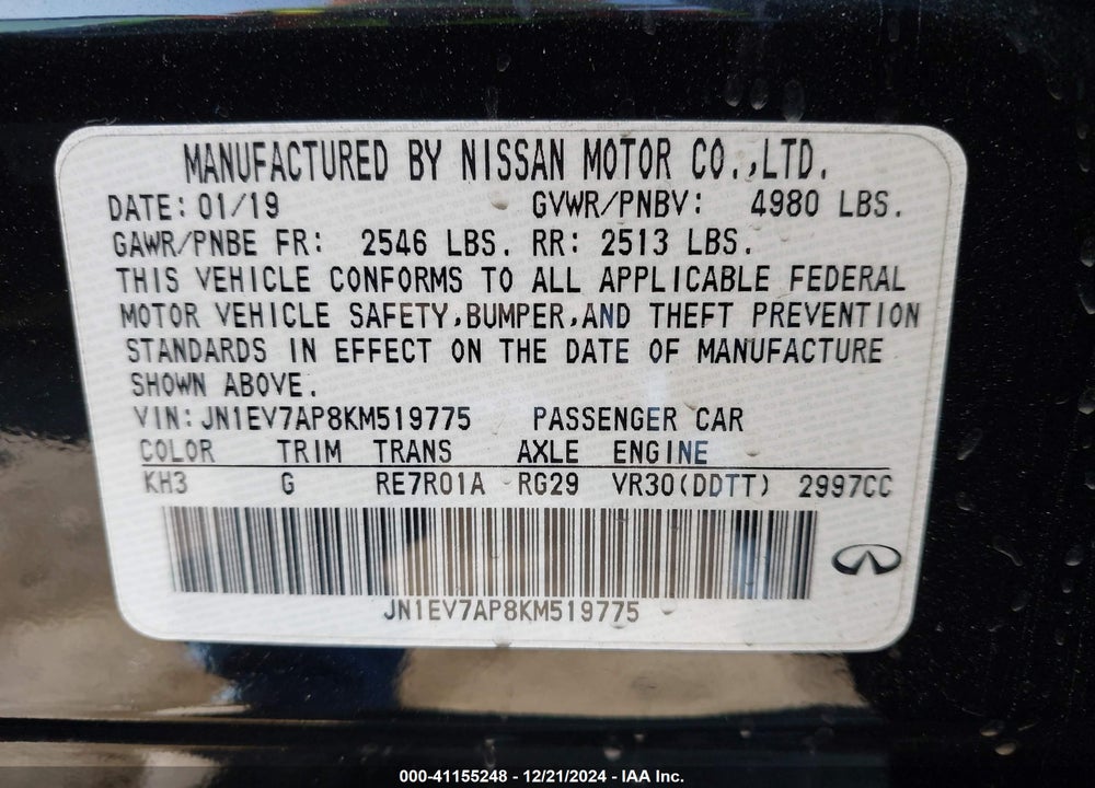 2019 INFINITI Q50 3.0T LUXE VIN: JN1EV7AP8KM519775