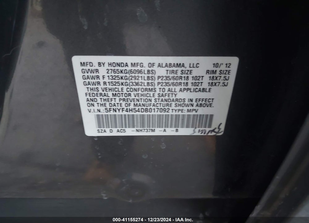 2013 HONDA PILOT EX-L VIN: 5FNYF4H54DB017092