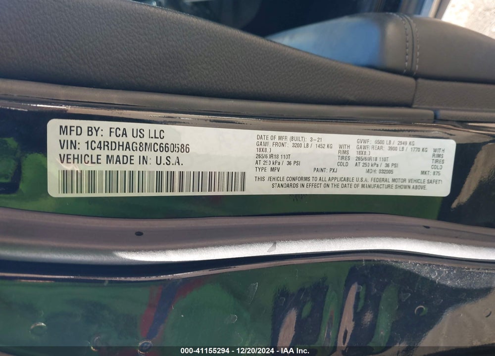 2021 DODGE DURANGO SXT RWD VIN: 1C4RDHAG8MC660586
