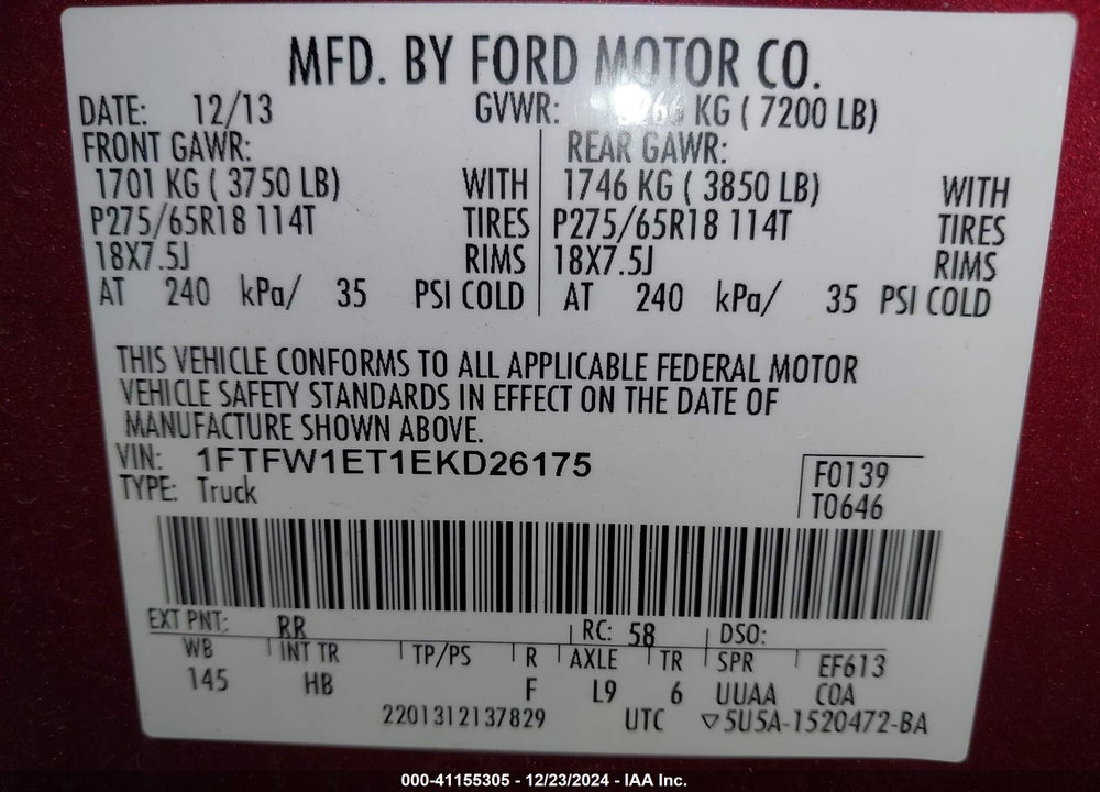 2014 FORD F-150 VIN: 1FTFW1ET1EKD26175