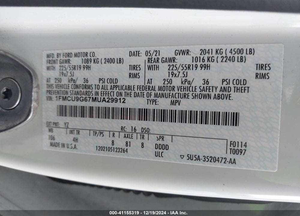 2021 FORD ESCAPE SE VIN: 1FMCU9G67MUA29912