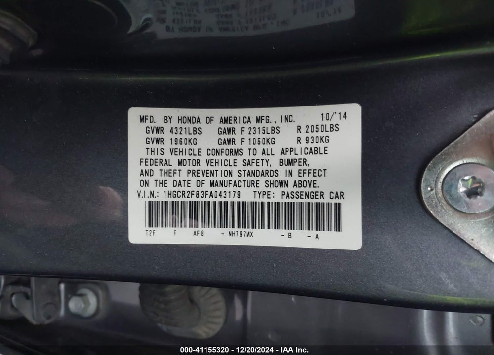 2015 HONDA ACCORD EX-L VIN: 1HGCR2F83FA043179
