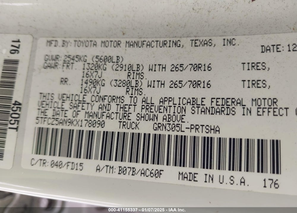 2019 TOYOTA TACOMA VIN: 5TFCZ5AN9KX178090