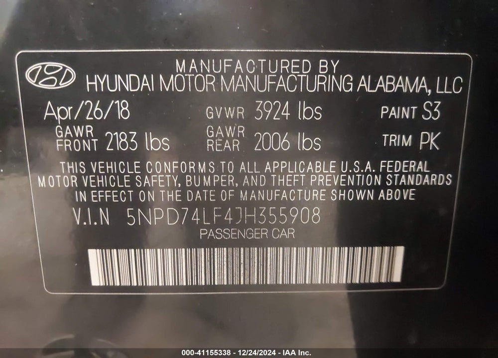 2018 HYUNDAI ELANTRA SE VIN: 5NPD74LF4JH355908