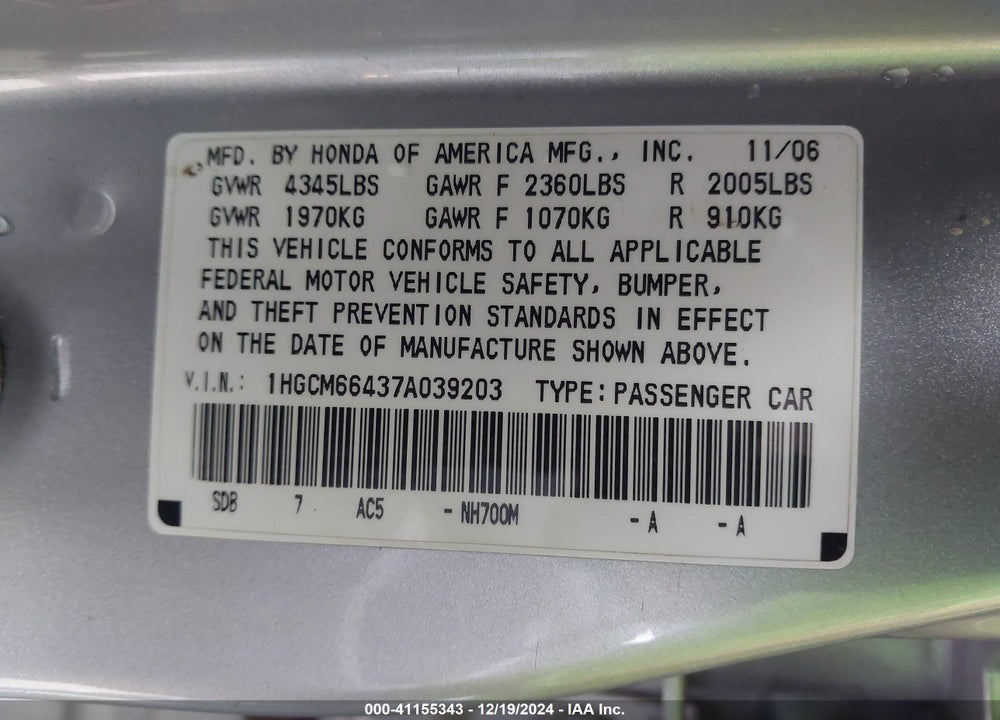 2007 HONDA ACCORD 3.0 SE VIN: 1HGCM66437A039203