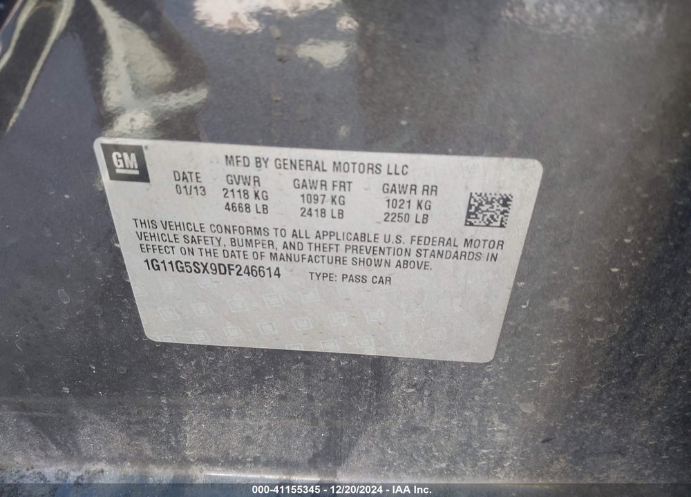 2013 CHEVROLET MALIBU VIN: 1G11G5SX9DF246614
