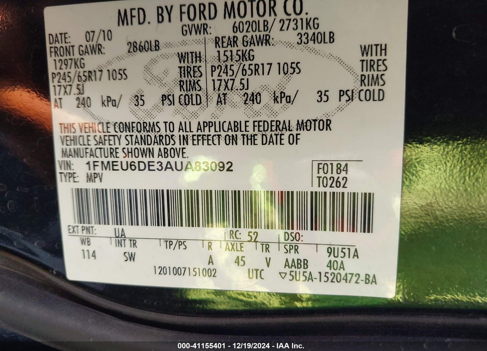 2010 FORD EXPLORER XLT VIN: 1FMEU6DE3AUA83092