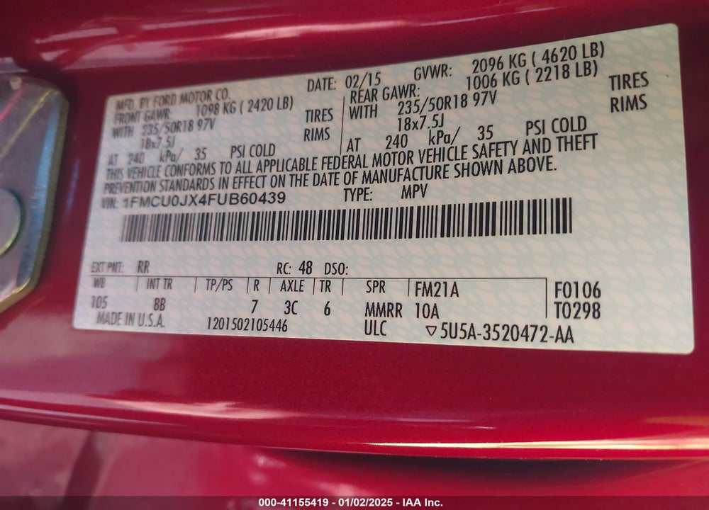 2015 FORD ESCAPE TITANIUM VIN: 1FMCU0JX4FUB60439