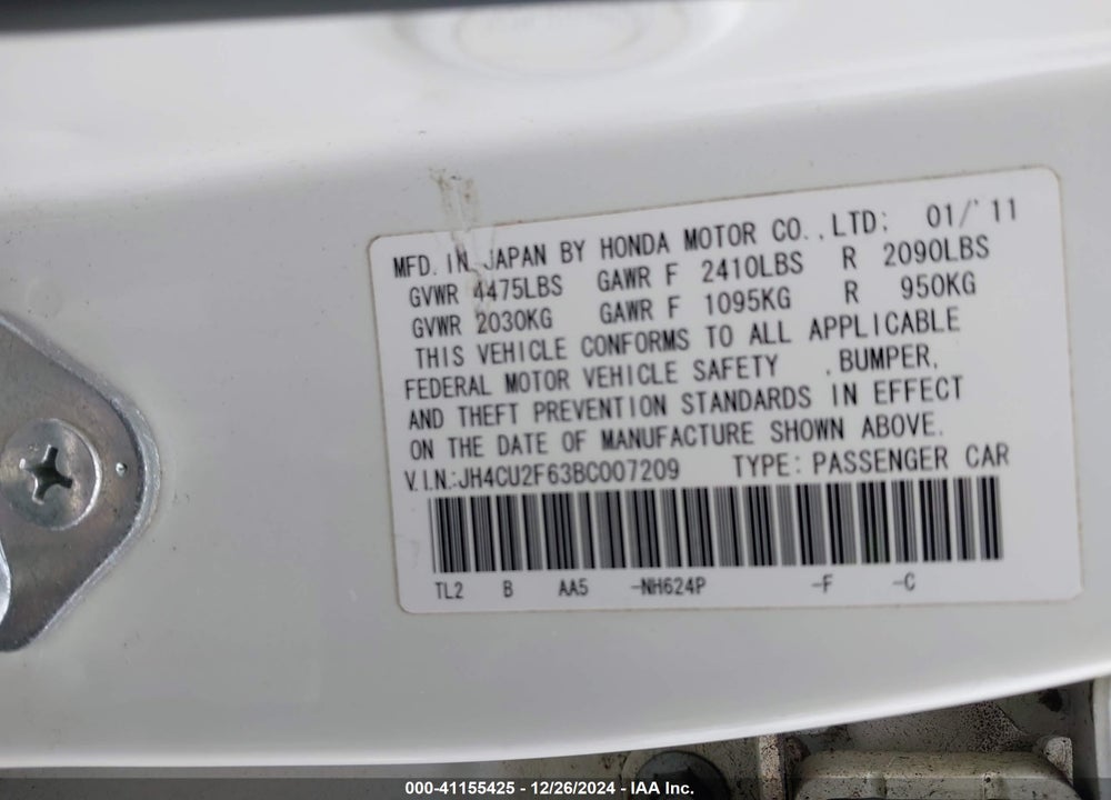 2011 ACURA TSX 2.4 VIN: JH4CU2F63BC007209