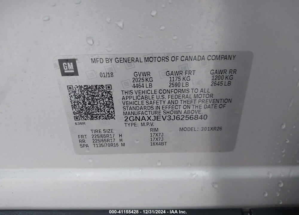 2018 CHEVROLET EQUINOX LT VIN: 2GNAXJEV3J6256840