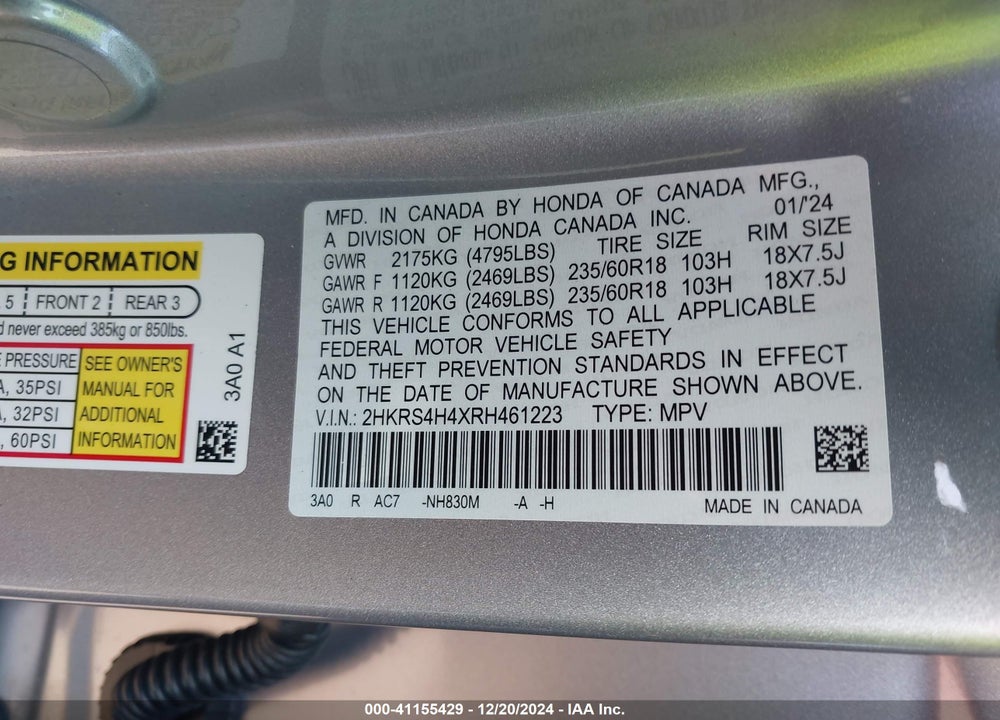2024 HONDA CR-V EX AWD VIN: 2HKRS4H4XRH461223