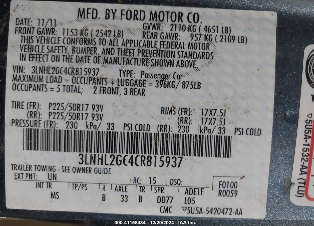 2012 LINCOLN MKZ VIN: 3LNHL2GC4CR815937