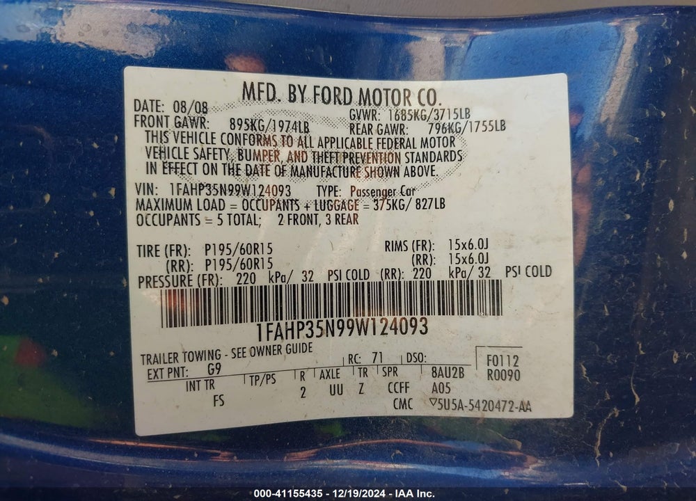 2009 FORD FOCUS SE VIN: 1FAHP35N99W124093
