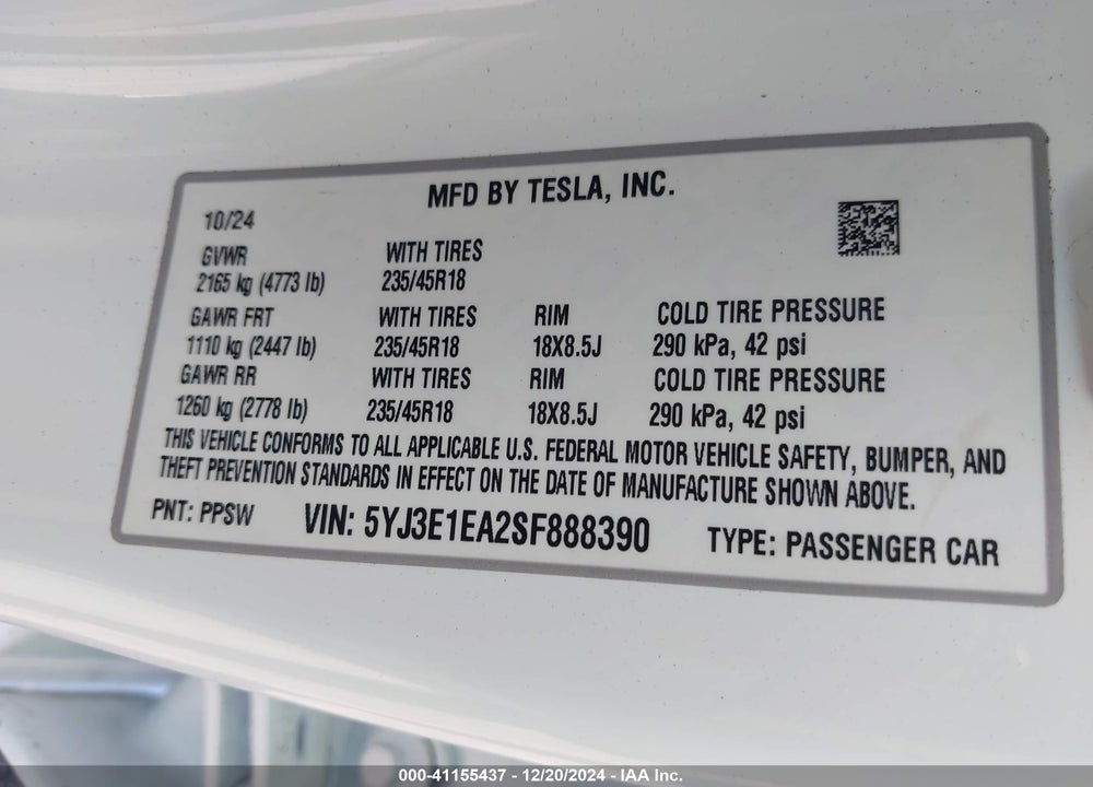2025 TESLA MODEL 3 VIN: 5YJ3E1EA2SF888390