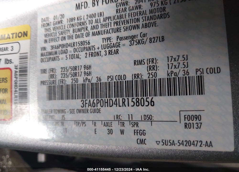 2020 FORD FUSION SE VIN: 3FA6P0HD4LR158056