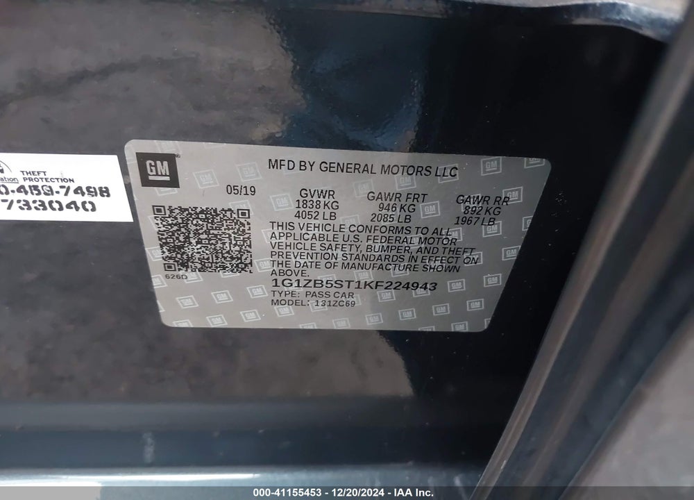 2019 CHEVROLET MALIBU VIN: 1G1ZB5ST1KF224943