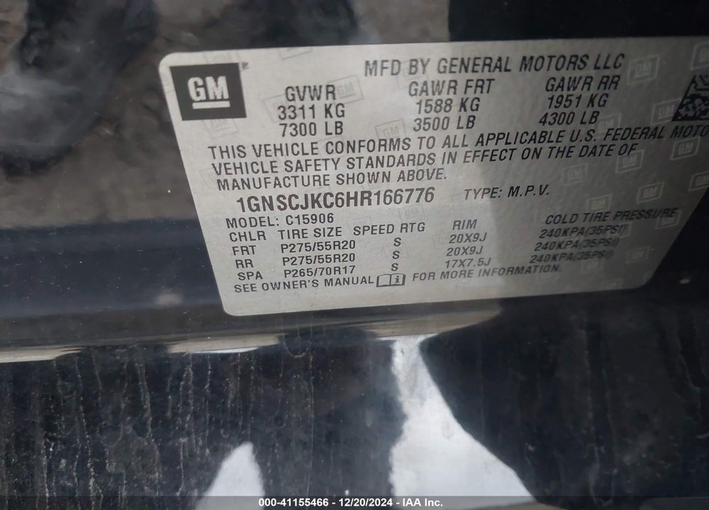 2017 CHEVROLET SUBURBAN PREMIER VIN: 1GNSCJKC6HR166776