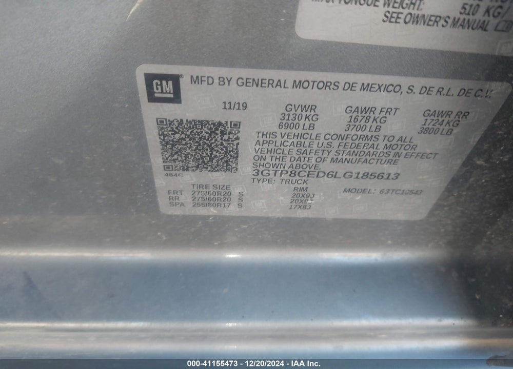 2020 GMC SIERRA 1500 VIN: 3GTP8CED6LG185613
