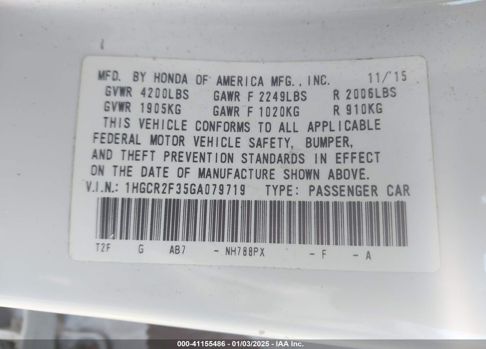 2016 HONDA ACCORD LX VIN: 1HGCR2F35GA079719
