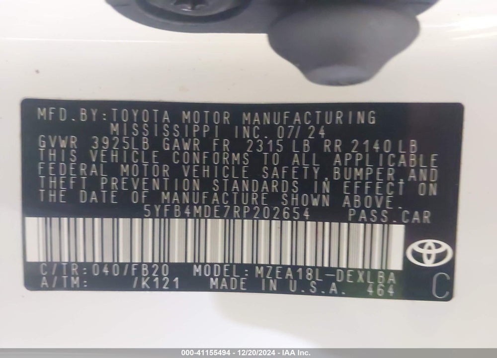 2024 TOYOTA COROLLA LE VIN: 5YFB4MDE7RP202654