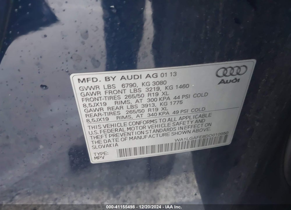 2013 AUDI Q7 3.0T PREMIUM VIN: WA1LGAFE8DD010950