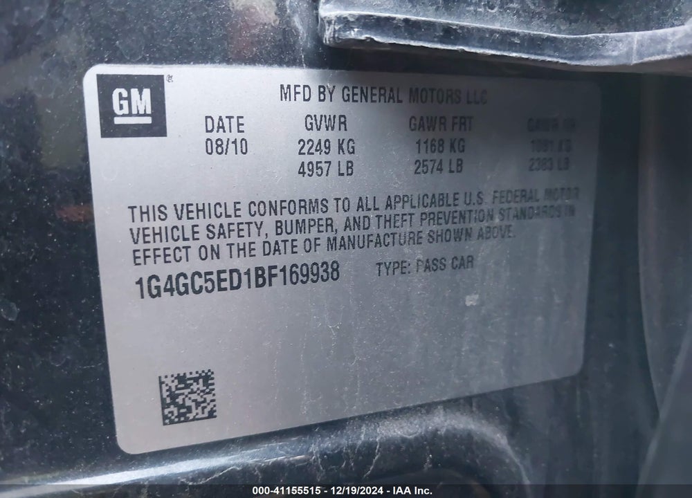 2011 BUICK LACROSSE VIN: 1G4GC5ED1BF169938