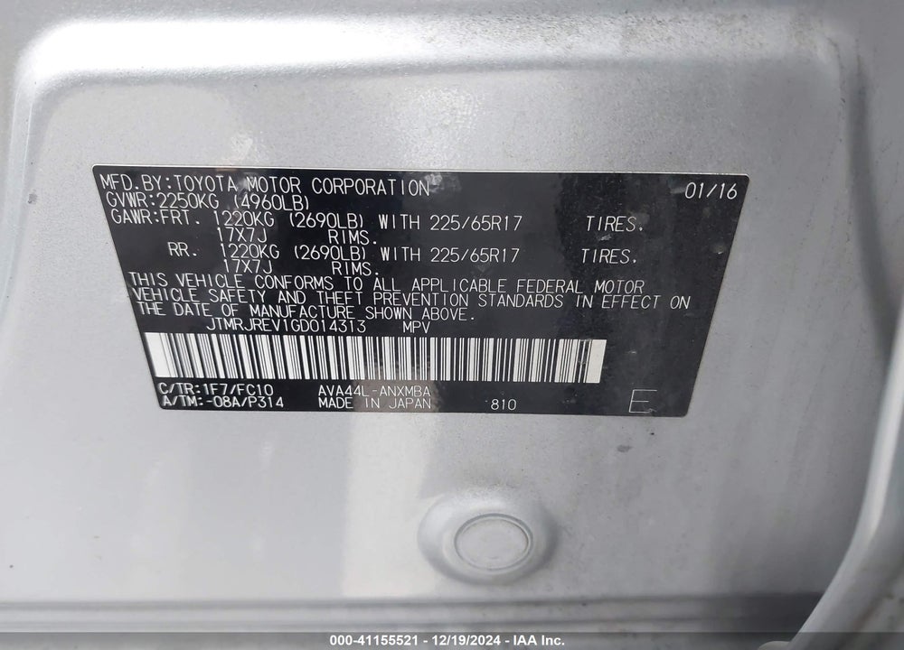 2016 TOYOTA RAV4 HYBRID VIN: JTMRJREV1GD014313