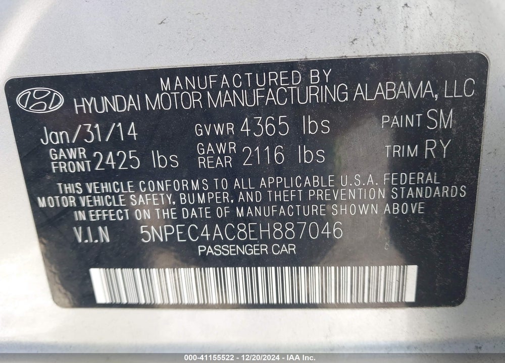 2014 HYUNDAI SONATA LIMITED VIN: 5NPEC4AC8EH887046